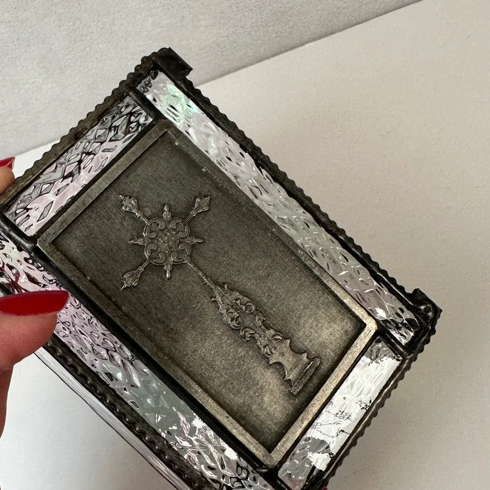 Vintage Stained Glass Trinket Box Iridescent Gothic Cross Pewter Finish 4x3x2